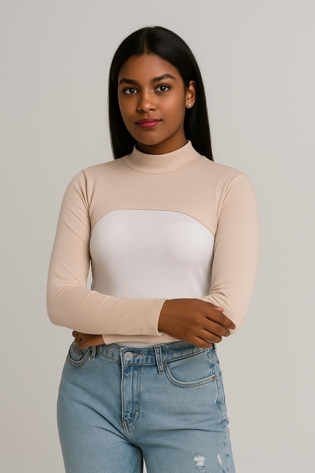 Bej Penye Boyunluklu Kolluk - Ten Rengi