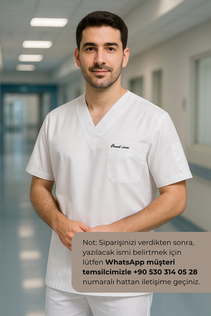 Kişiye Özel İsimli Erkek Tek Üst 4 Cepli Scrubs Forma - Beyaz
