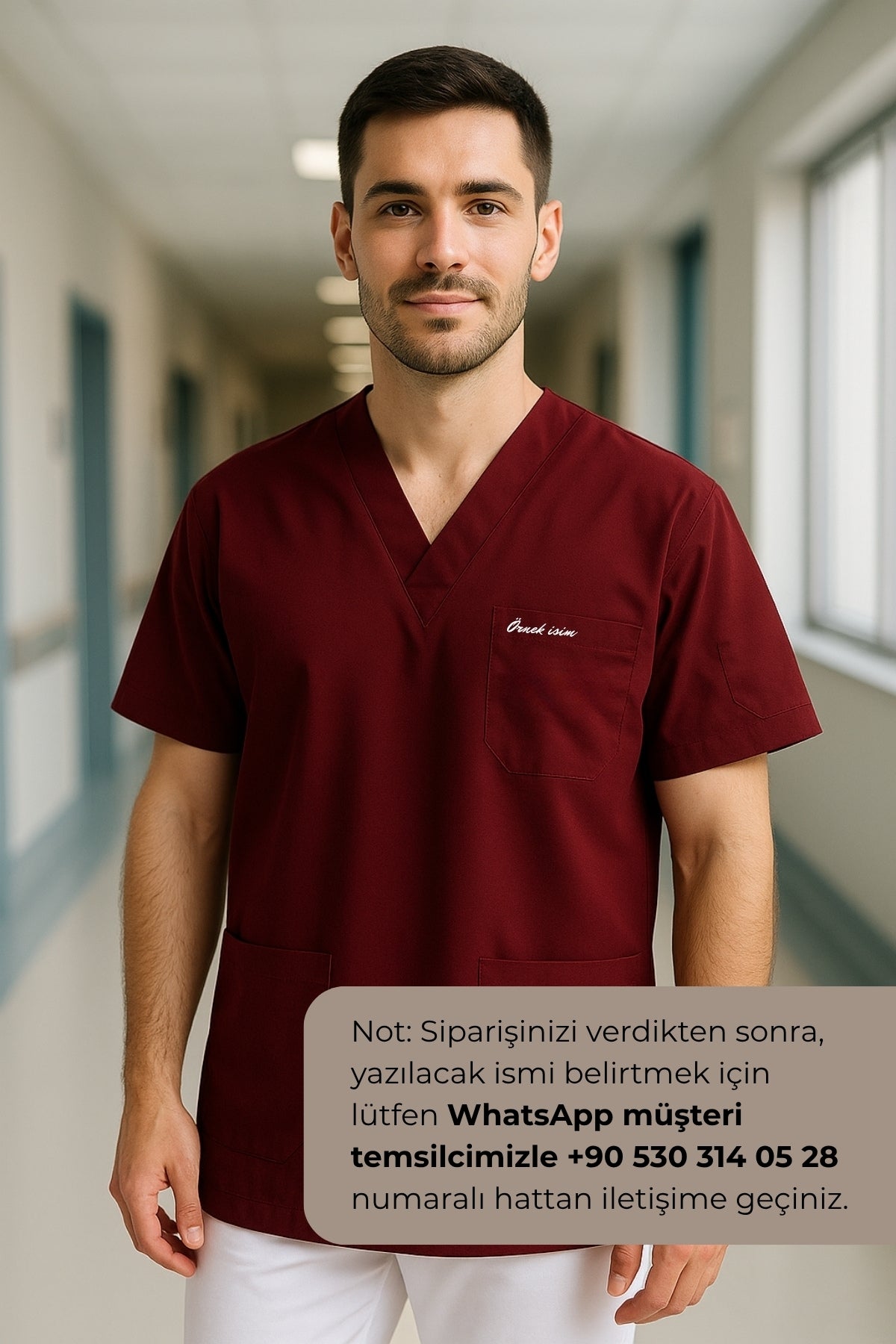 Kişiye Özel İsimli Erkek Tek Üst 4 Cepli Scrubs Forma - Bordo