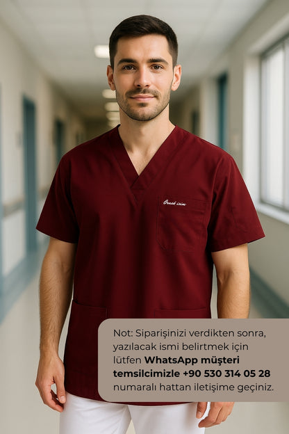 Kişiye Özel İsimli Erkek Tek Üst 4 Cepli Scrubs Forma - Bordo
