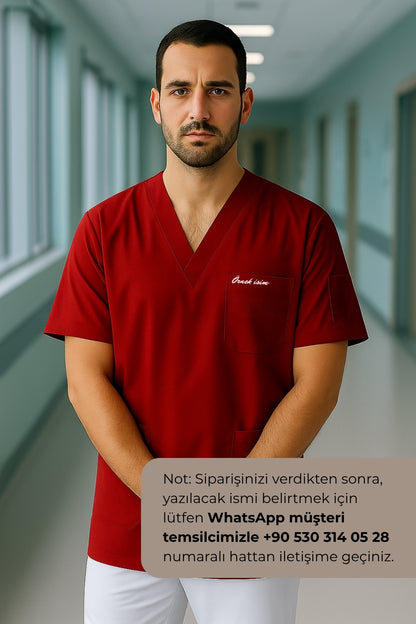 Kişiye Özel İsimli Erkek Tek Üst 4 Cepli Scrubs Forma - Kırmızı