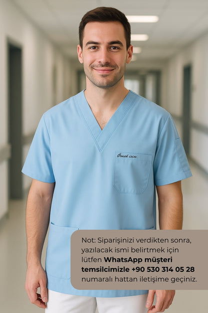 Kişiye Özel İsimli Erkek Tek Üst 4 Cepli Scrubs Forma - Mavi