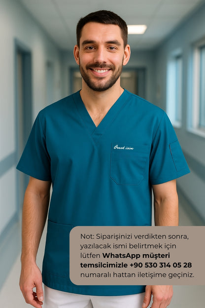 Kişiye Özel İsimli Erkek Tek Üst 4 Cepli Scrubs Forma - Petrol