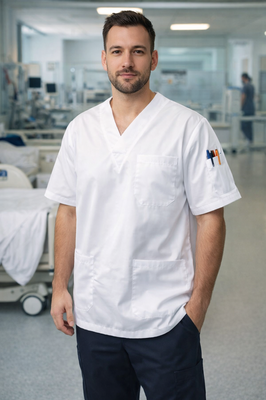 Single Top 4 Pocket Men's Scrubs Jersey - White