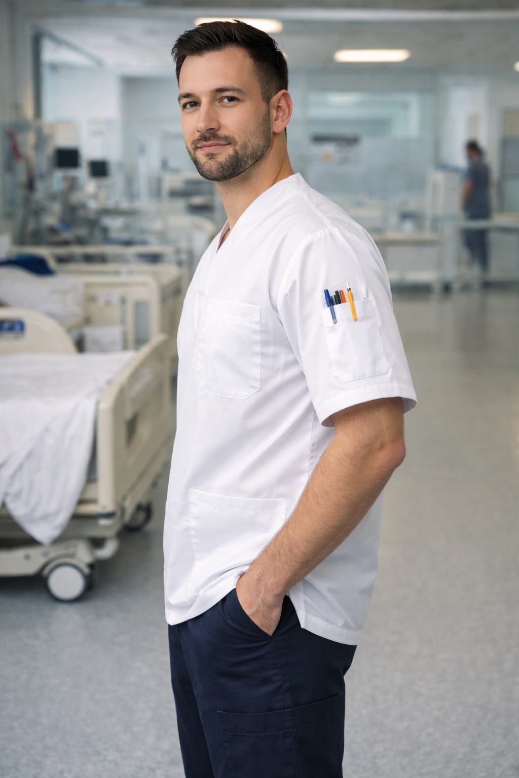 Single Top 4 Pocket Men's Scrubs Jersey - White