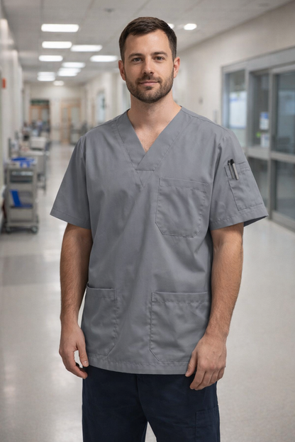 Single Top 4 Pocket Men's Scrubs Jersey - Grey