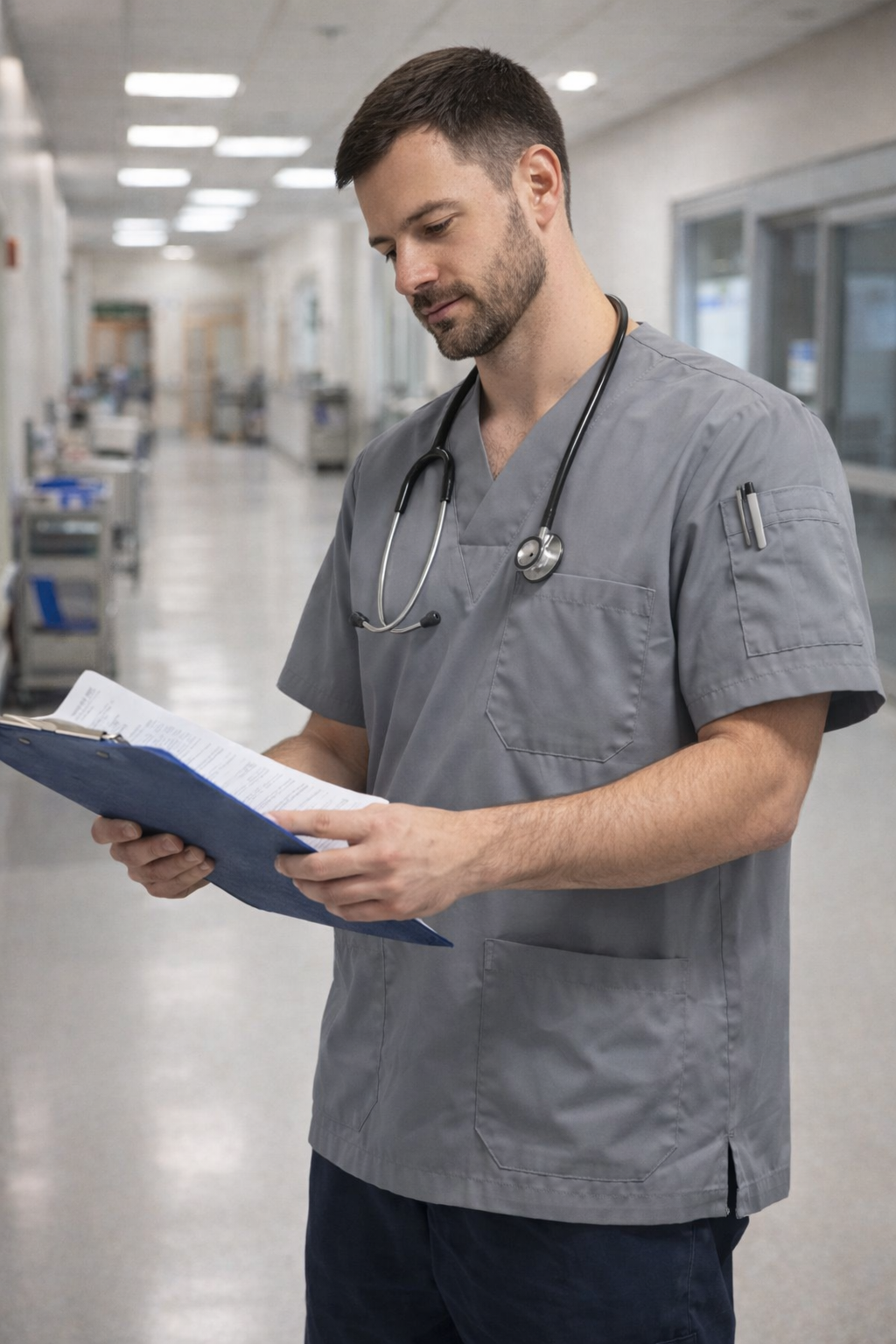 Single Top 4 Pocket Men's Scrubs Jersey - Grey