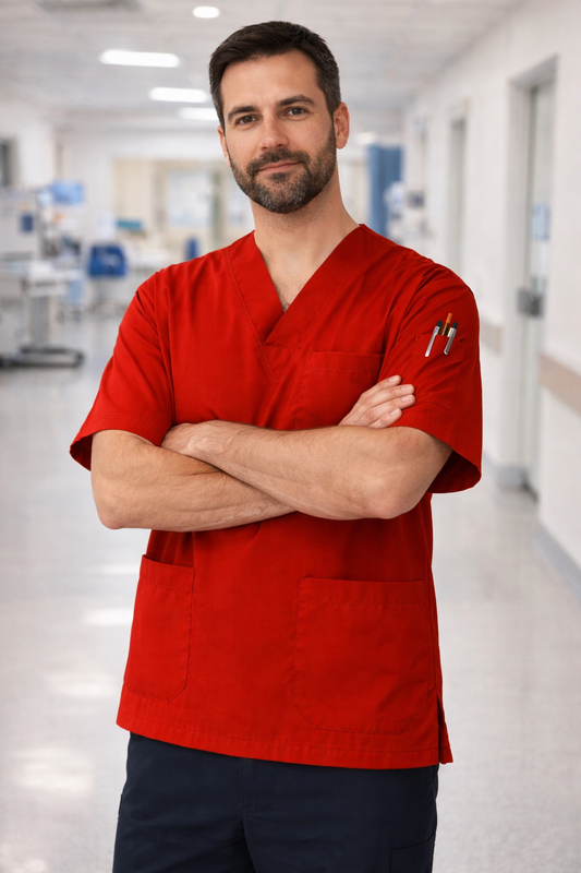 Single Top 4 Pocket Men's Scrubs Jersey - Red