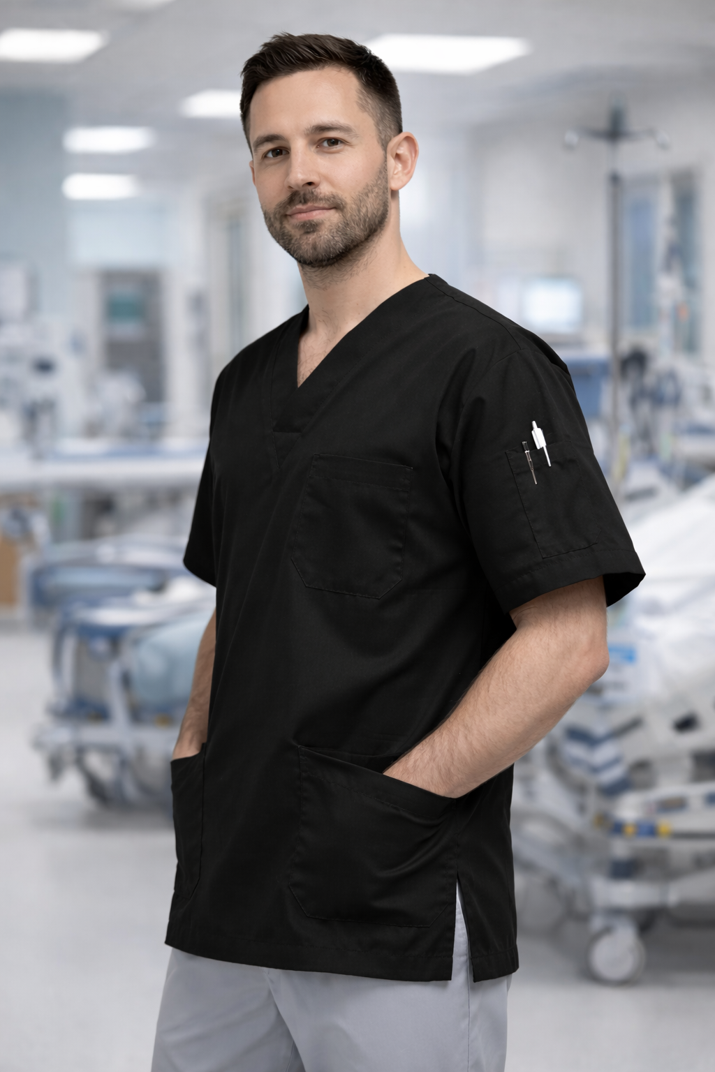 Tek Üst 4 Cepli Erkek Scrubs Forma - Siyah