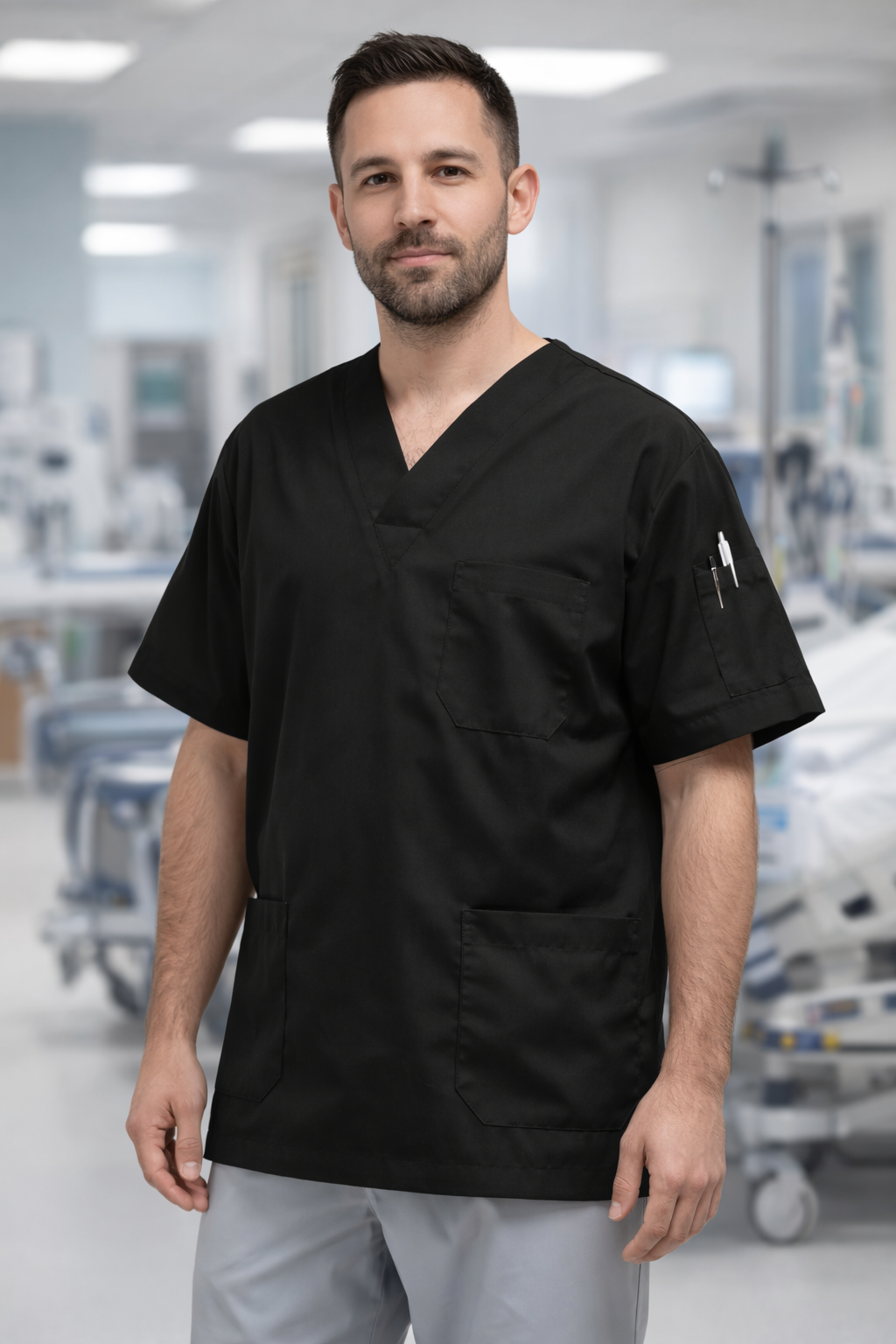 Tek Üst 4 Cepli Erkek Scrubs Forma - Siyah