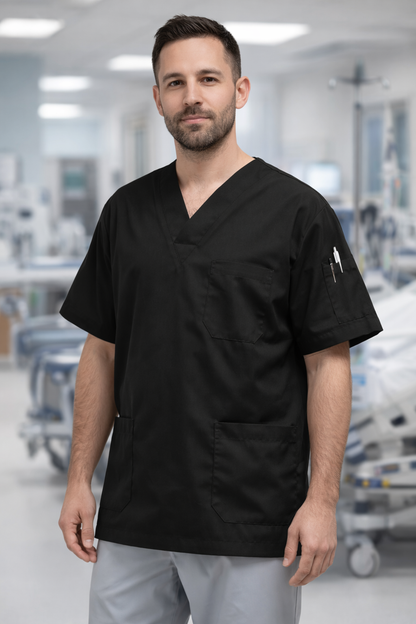 Tek Üst 4 Cepli Erkek Scrubs Forma - Siyah