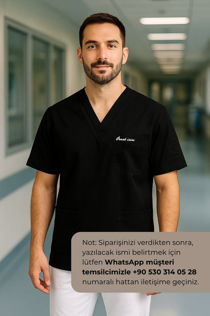 Kişiye Özel İsimli Erkek Tek Üst 4 Cepli Scrubs Forma - Siyah