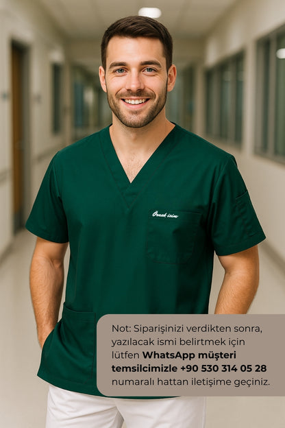 Kişiye Özel İsimli Erkek Tek Üst 4 Cepli Scrubs Forma - Yeşil