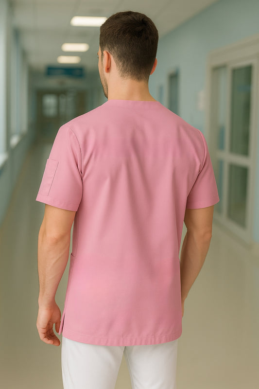 Tek Üst 4 Cepli Erkek Scrubs Forma - Şeker Pembe