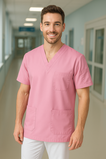 Tek Üst 4 Cepli Erkek Scrubs Forma - Şeker Pembe