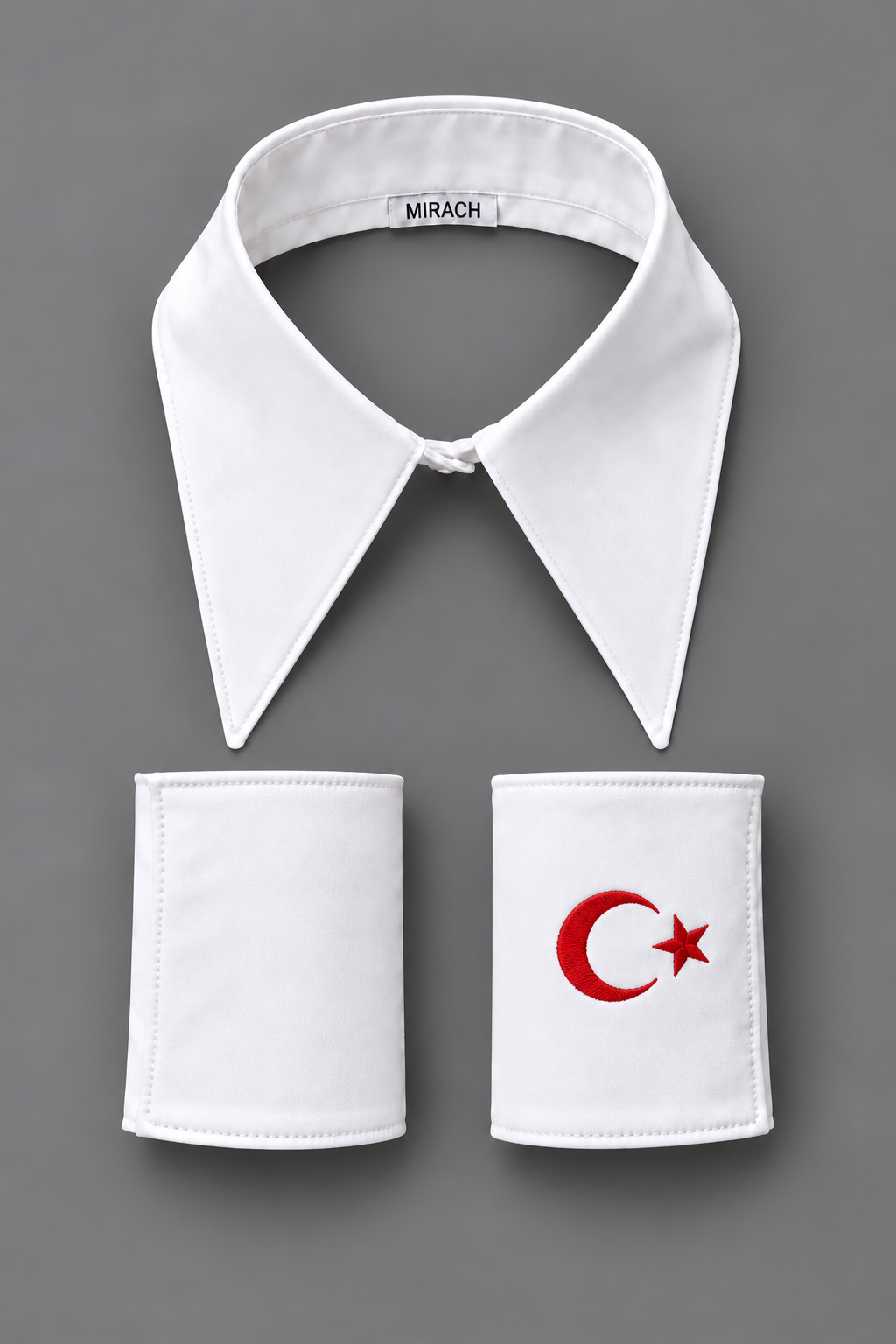 Beyaz yaka ay yıldız işlemeli manşet seti