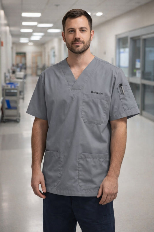 Personalized Men's Single Top 4-Pocket Scrubs Jersey - Grey