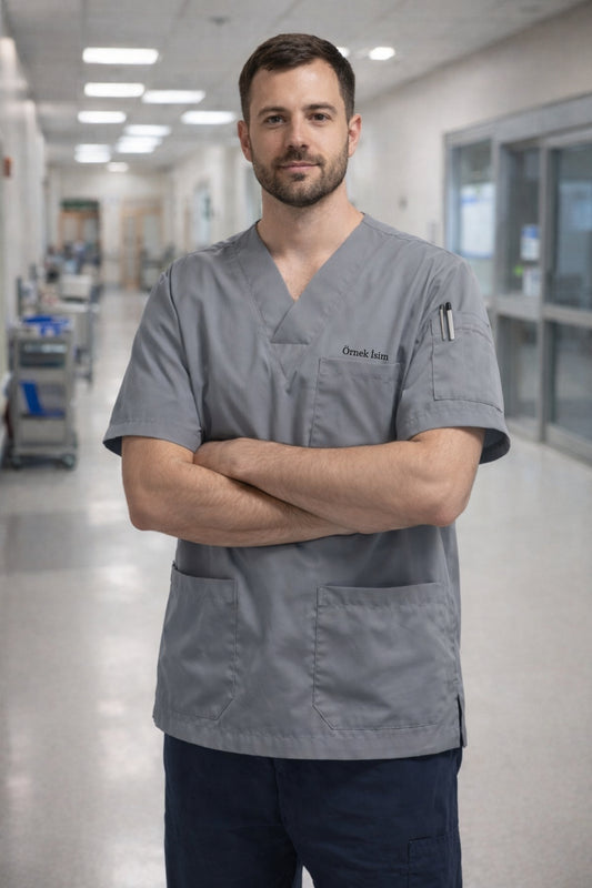 Personalized Men's Single Top 4-Pocket Scrubs Jersey - Grey