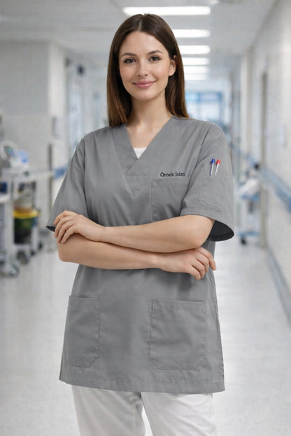 Personalized Scrubs Jersey with 4 Pockets and Custom Name - Grey