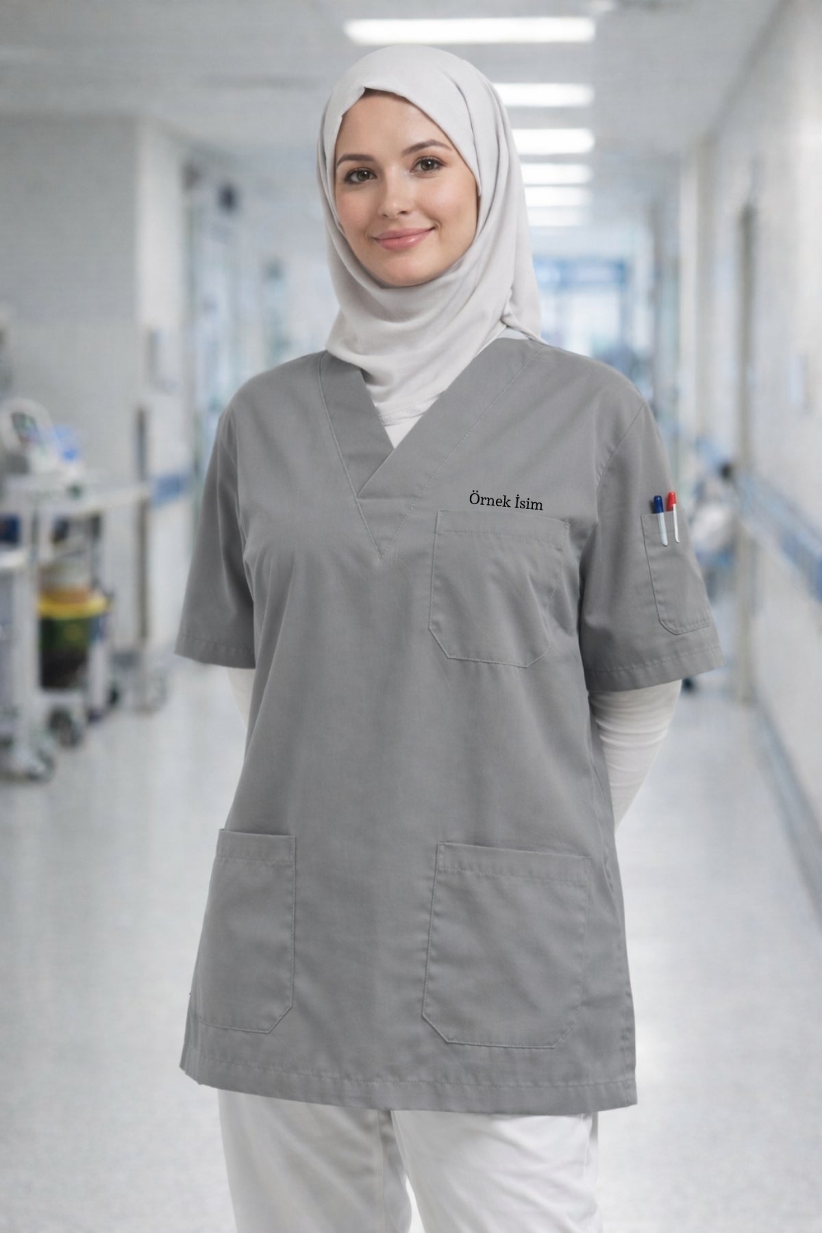 Personalized Scrubs Jersey with 4 Pockets and Custom Name - Grey