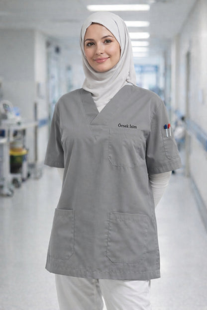 Personalized Scrubs Jersey with 4 Pockets and Custom Name - Grey