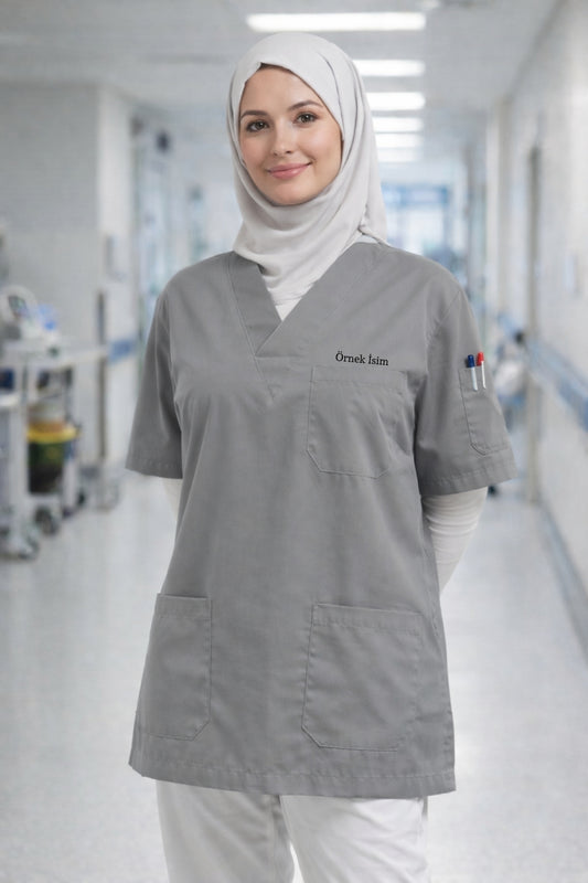 Personalized Scrubs Jersey with 4 Pockets and Custom Name - Grey