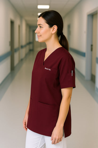 Kişiye Özel İsimli Tek Üst 4 Cepli Scrubs Forma - Bordo