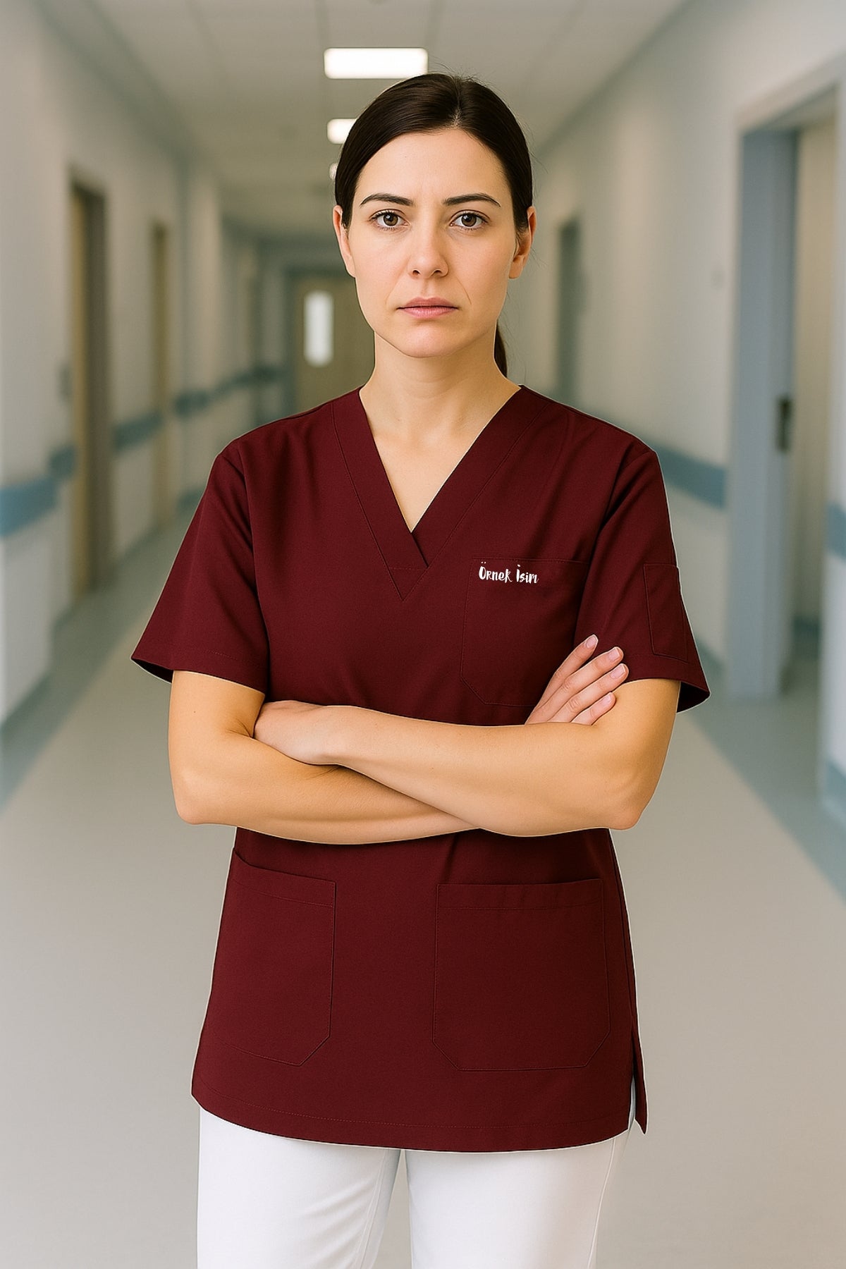 Kişiye Özel İsimli Tek Üst 4 Cepli Scrubs Forma - Bordo
