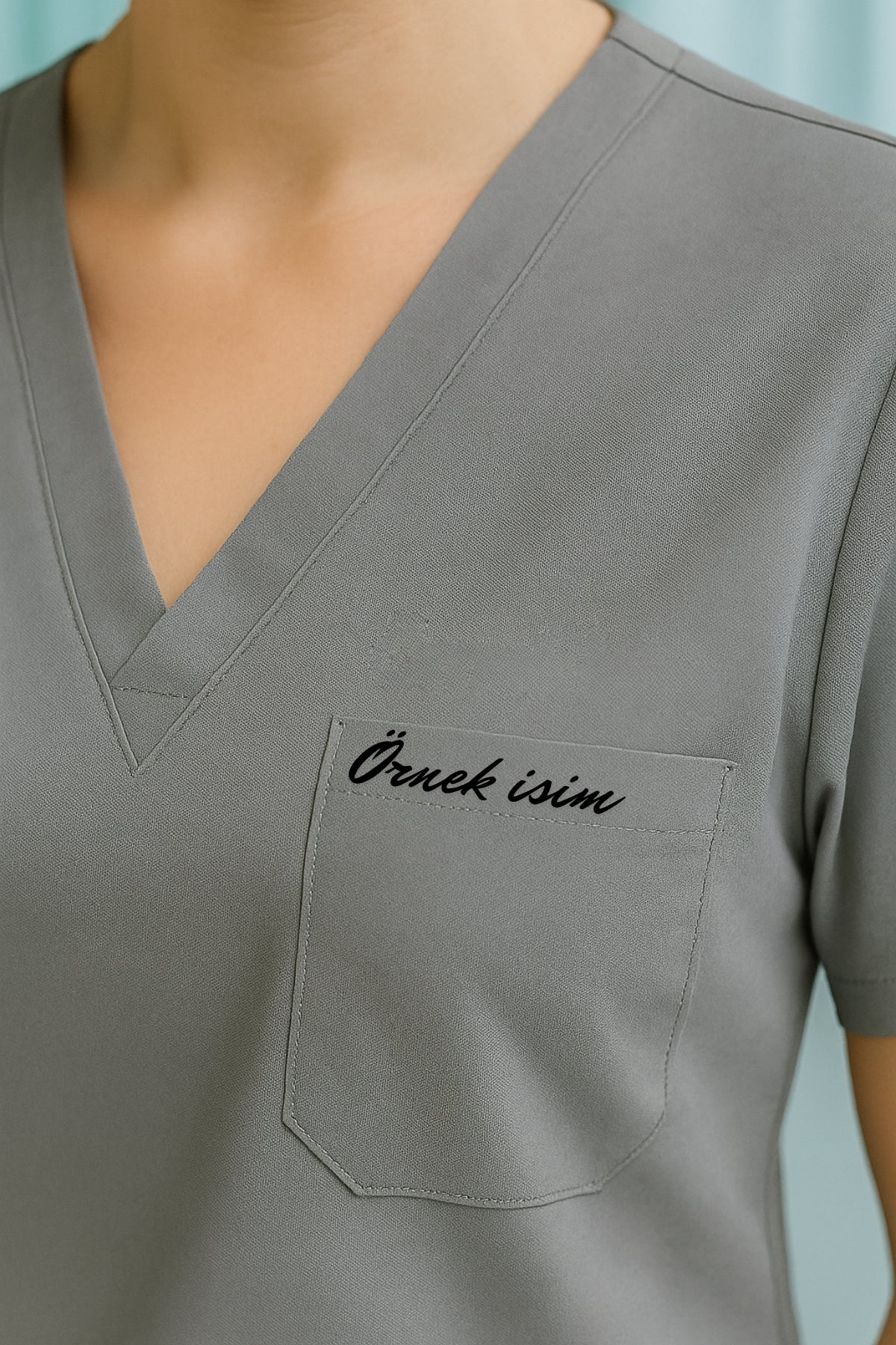 Kişiye Özel İsimli Tek Üst 4 Cepli Scrubs Forma - Gri
