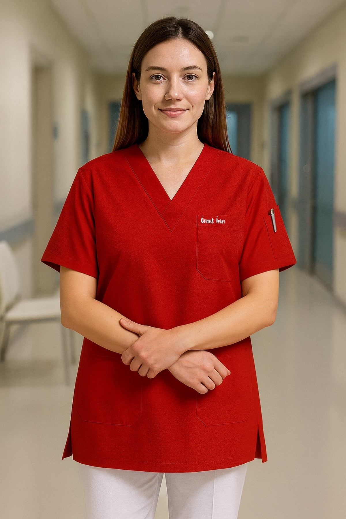 Kişiye Özel İsimli Tek Üst 4 Cepli Scrubs Forma - Kırmızı