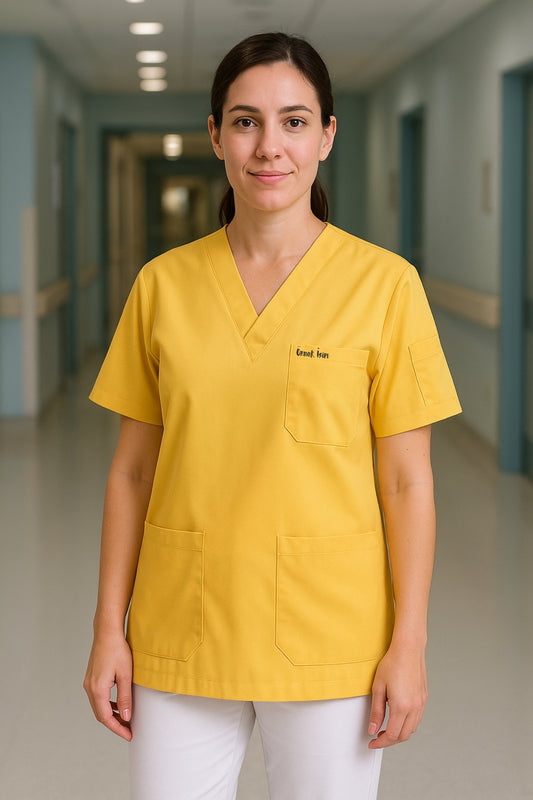 Kişiye Özel İsimli Tek Üst 4 Cepli Scrubs Forma - Sarı