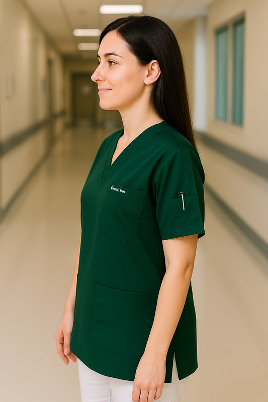 Kişiye Özel İsimli Tek Üst 4 Cepli Scrubs Forma - Yeşil