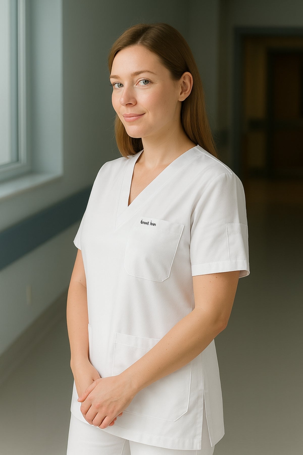 Kişiye Özel İsimli Tek Üst 4 Cepli Scrubs Forma - Beyaz