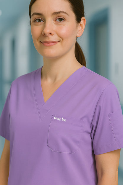 Kişiye Özel İsimli Tek Üst 4 Cepli Scrubs Forma - Lila