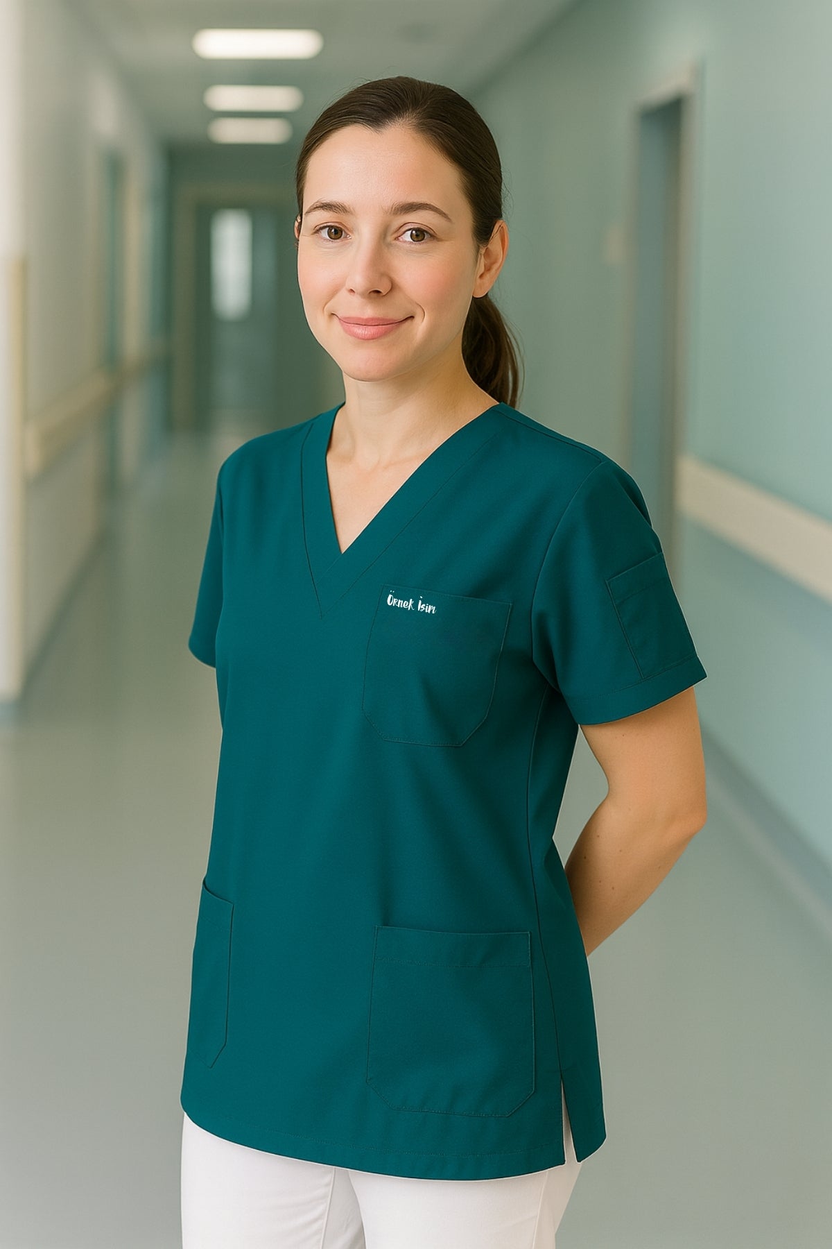 Kişiye Özel İsimli Tek Üst 4 Cepli Scrubs Forma - Petrol