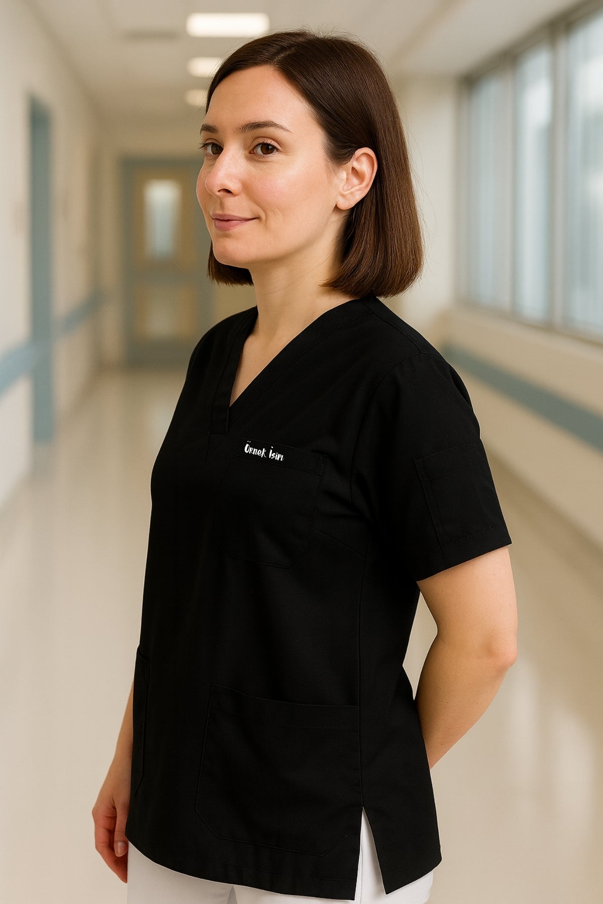 Kişiye Özel İsimli Tek Üst 4 Cepli Scrubs Forma - Siyah