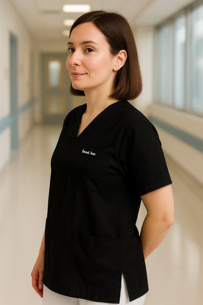 Kişiye Özel İsimli Tek Üst 4 Cepli Scrubs Forma - Siyah