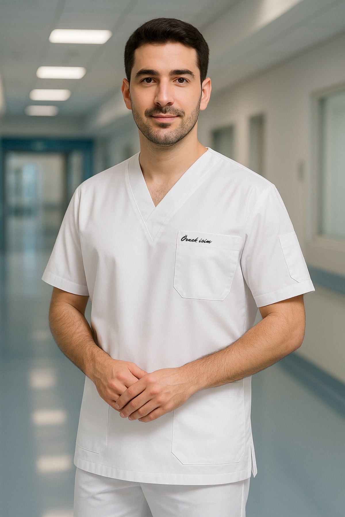 Kişiye Özel İsimli Erkek Tek Üst 4 Cepli Scrubs Forma - Beyaz