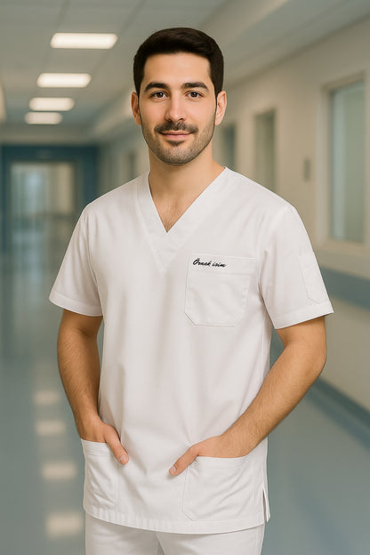 Kişiye Özel İsimli Erkek Tek Üst 4 Cepli Scrubs Forma - Beyaz
