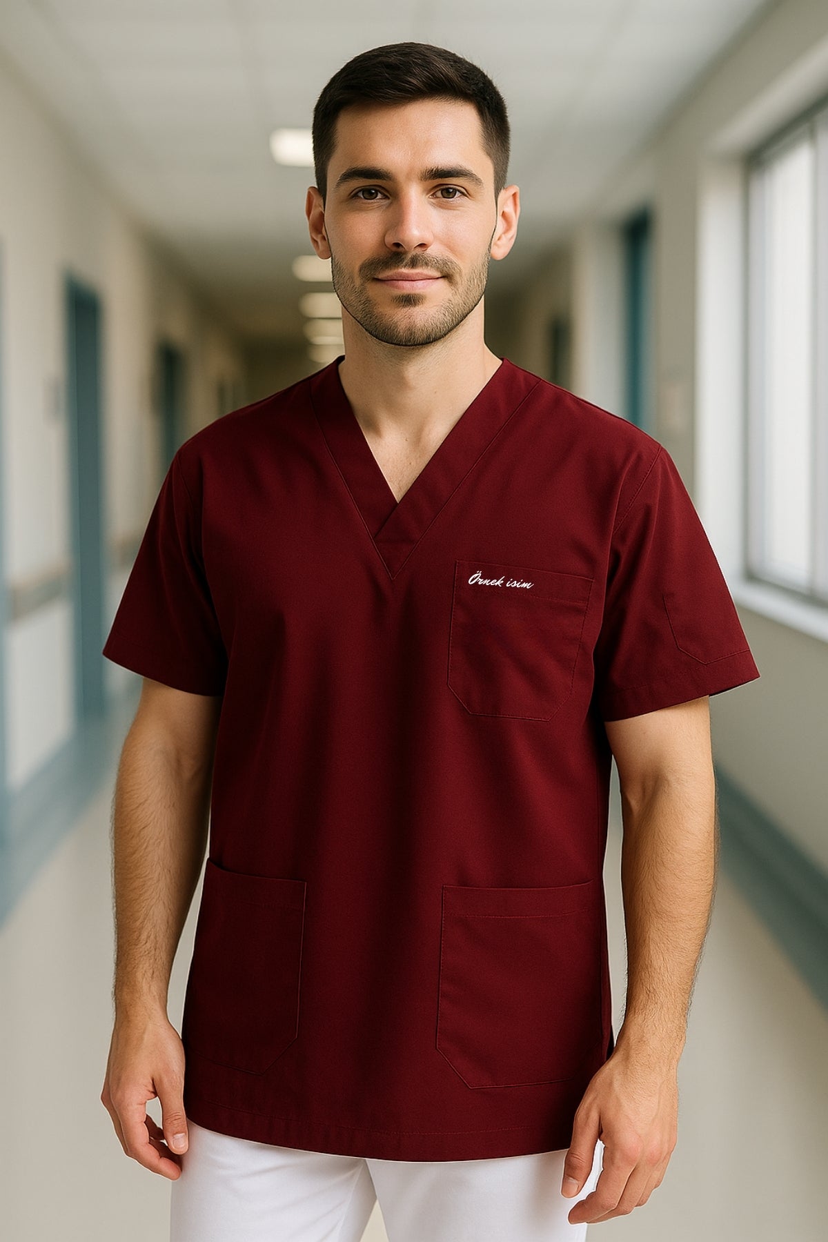 Kişiye Özel İsimli Erkek Tek Üst 4 Cepli Scrubs Forma - Bordo