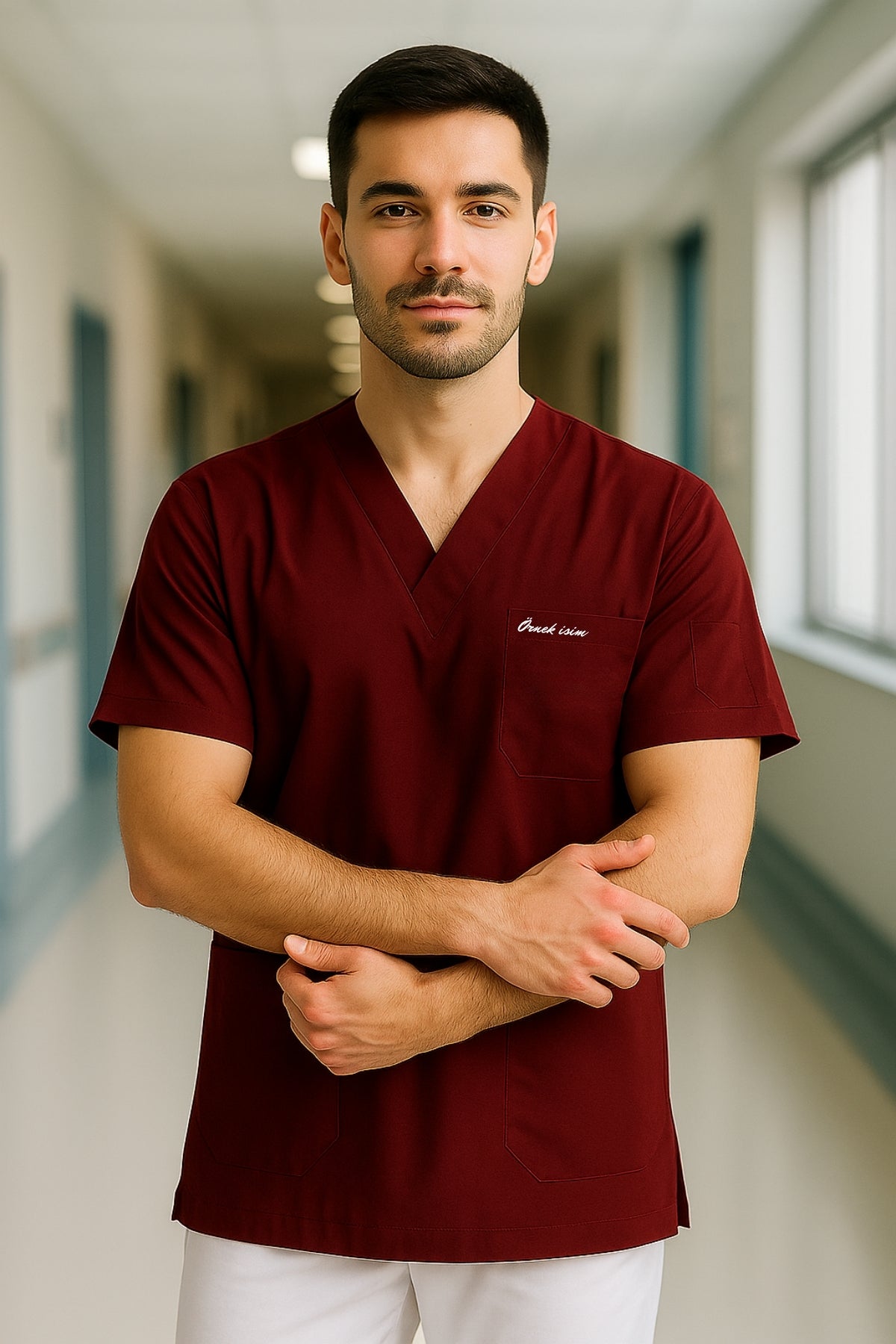 Kişiye Özel İsimli Erkek Tek Üst 4 Cepli Scrubs Forma - Bordo