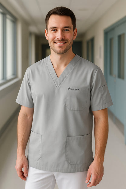 Kişiye Özel İsimli Erkek Tek Üst 4 Cepli Scrubs Forma - Gri