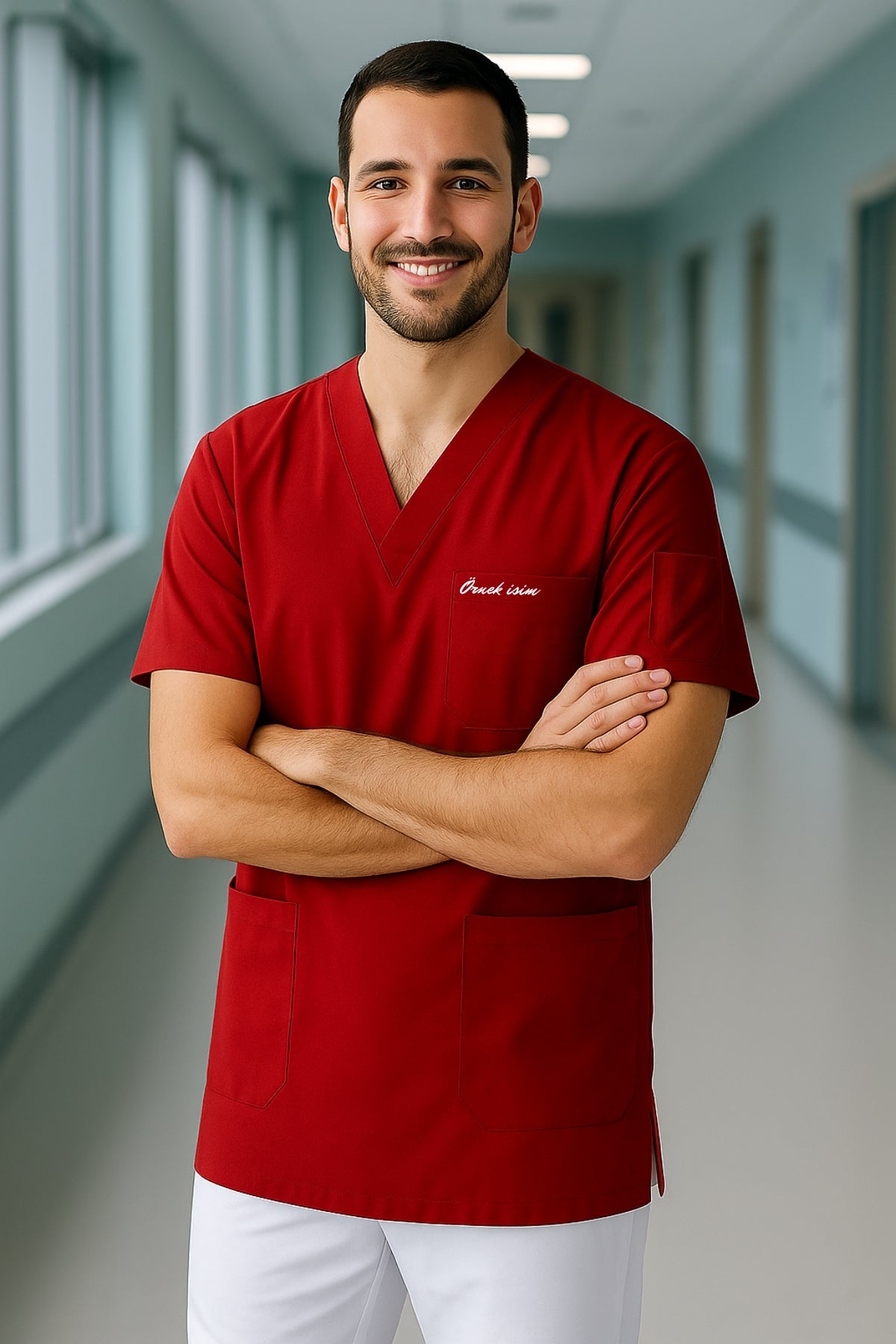 Kişiye Özel İsimli Erkek Tek Üst 4 Cepli Scrubs Forma - Kırmızı