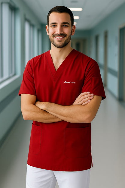 Kişiye Özel İsimli Erkek Tek Üst 4 Cepli Scrubs Forma - Kırmızı