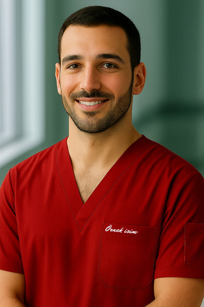 Kişiye Özel İsimli Erkek Tek Üst 4 Cepli Scrubs Forma - Kırmızı