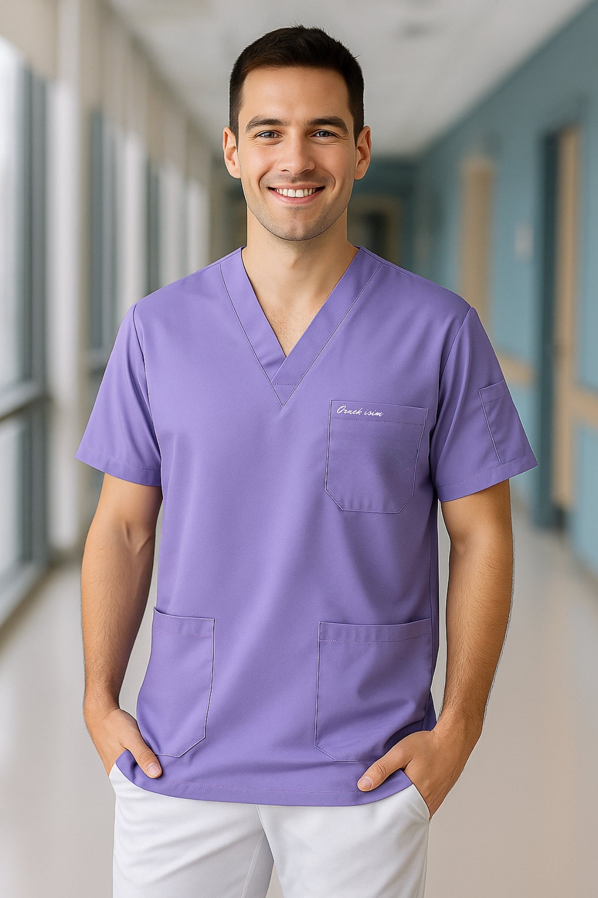Kişiye Özel İsimli Erkek Tek Üst 4 Cepli Scrubs Forma - Lila