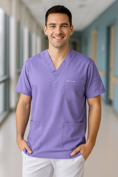 Kişiye Özel İsimli Erkek Tek Üst 4 Cepli Scrubs Forma - Lila