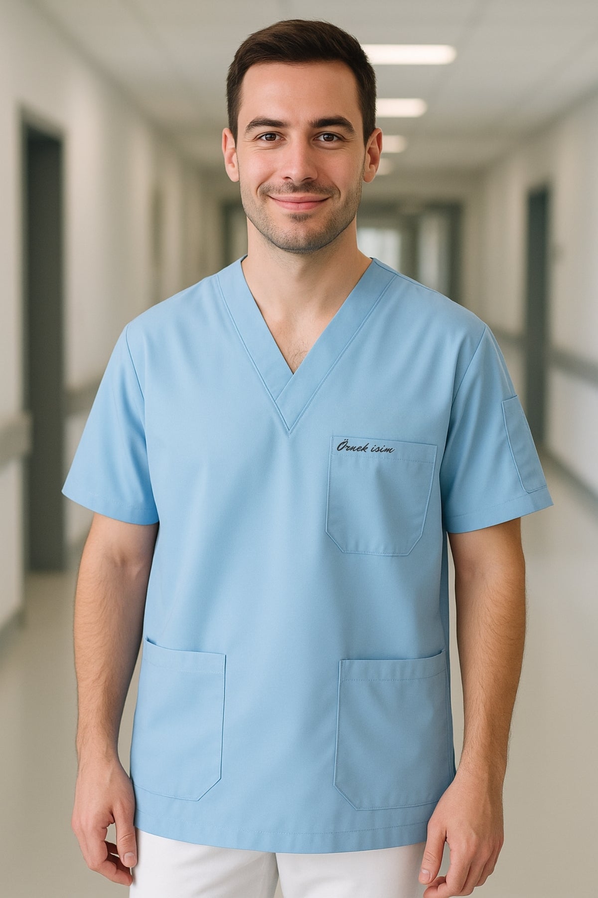 Kişiye Özel İsimli Erkek Tek Üst 4 Cepli Scrubs Forma - Mavi
