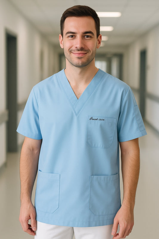 Kişiye Özel İsimli Erkek Tek Üst 4 Cepli Scrubs Forma - Mavi