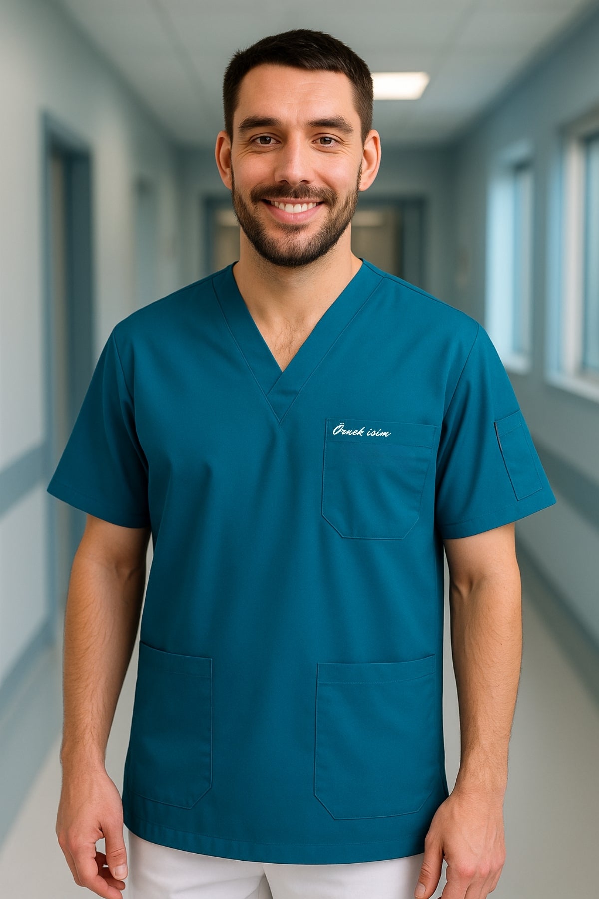 Kişiye Özel İsimli Erkek Tek Üst 4 Cepli Scrubs Forma - Petrol